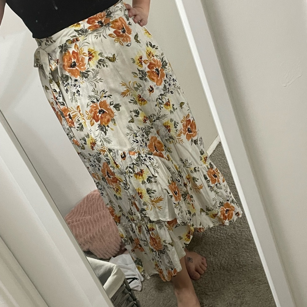 torrid Cream Maxi wrap Skirt with Orange Floral Print